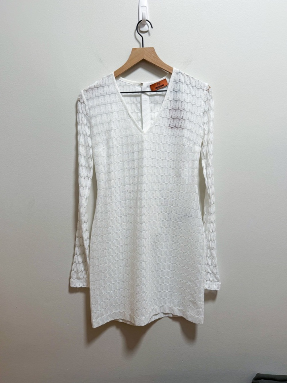 Missoni white lace crochet knit v neck long sleeve sheer dress coverup resort